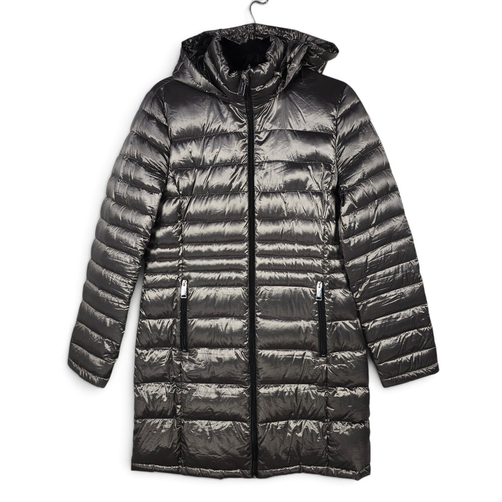 Andrew Marc Puffer Coat Womens M Packable Down Gunmetal Grey Metallic Hooded EUC
